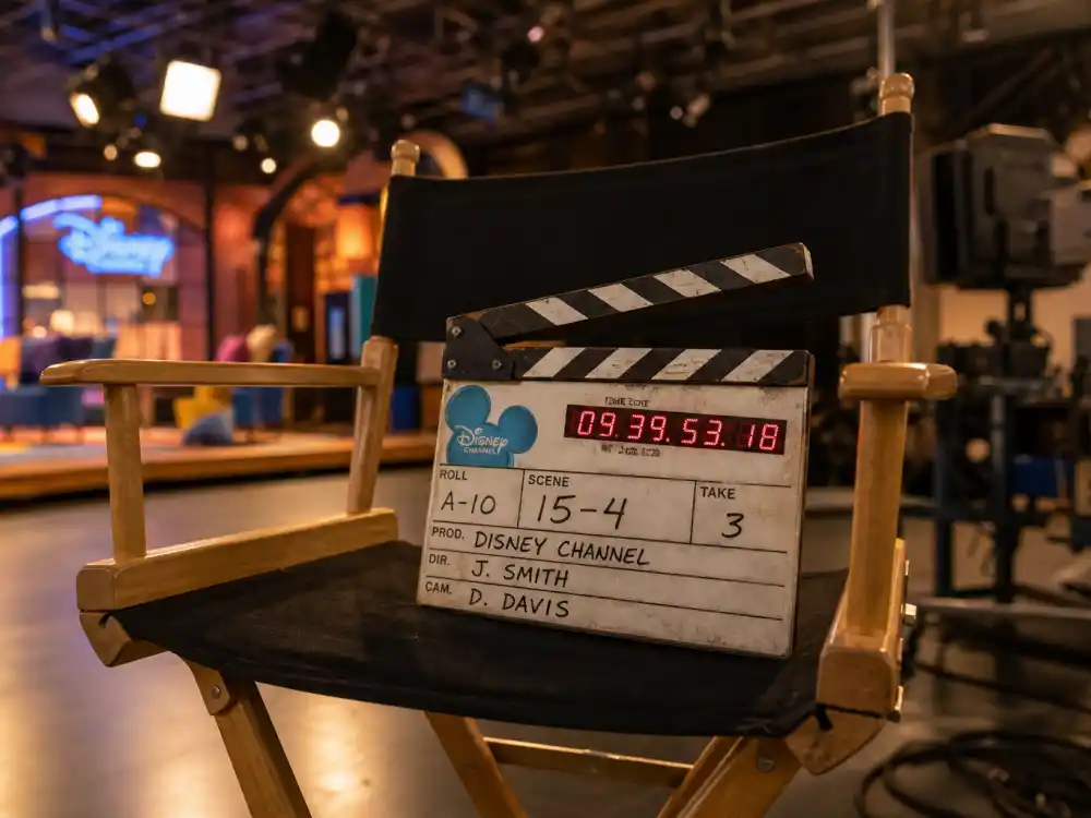 Disney Channel clapperboard on TV studio set evoking how old is Selena Gomez early acting career on Wizards of Waverly Place