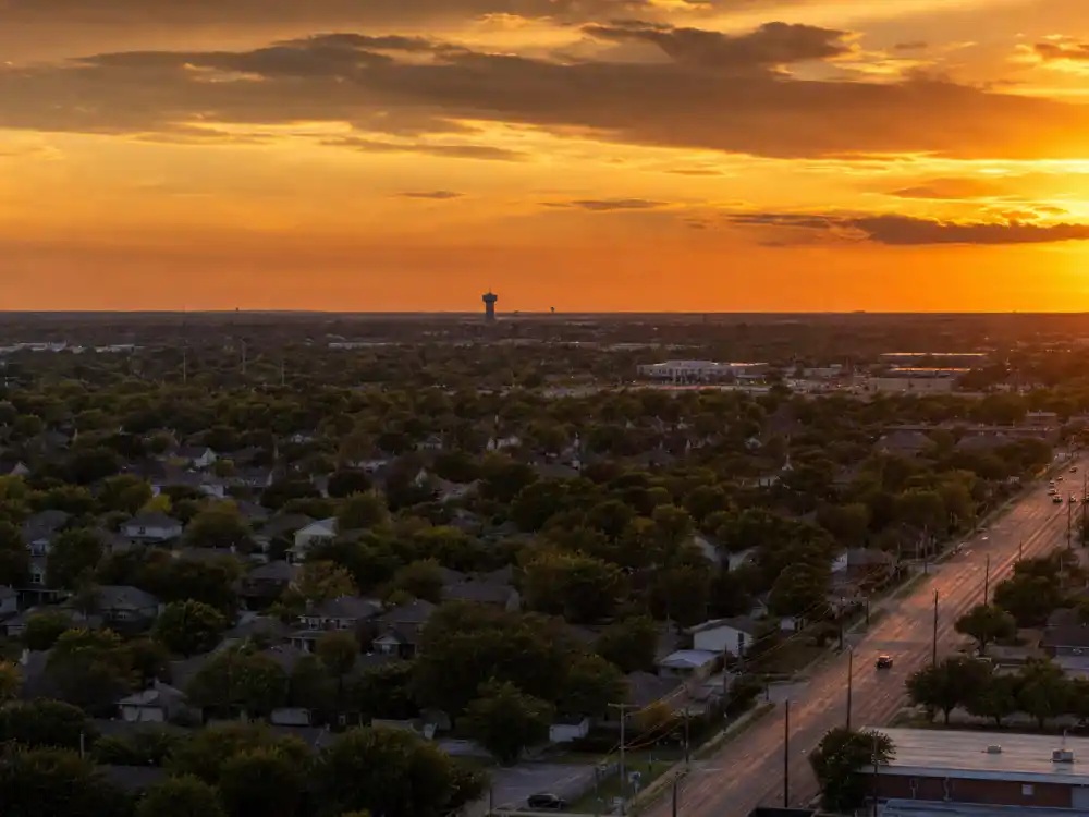 Grand Prairie Texas skyline at golden hour near where Selena Gomez was born on July 22, 1992 — how old is Selena Gomez birthplace context