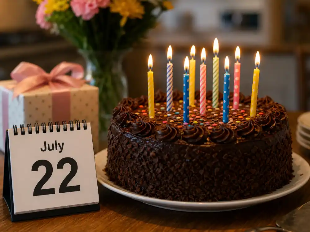 July 22 birthday cake and calendar marking how old is Selena Gomez each year when fans celebrate her Cancer birth date