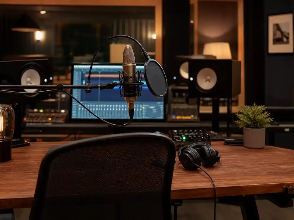 Music recording studio setup evoking how old is Selena Gomez career arc from Disney Channel star to chart-topping pop artist and producer