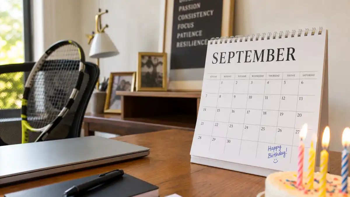 How old is Serena Williams — desk calendar open to September with birthday decorations and tennis racket marking her Libra birth date