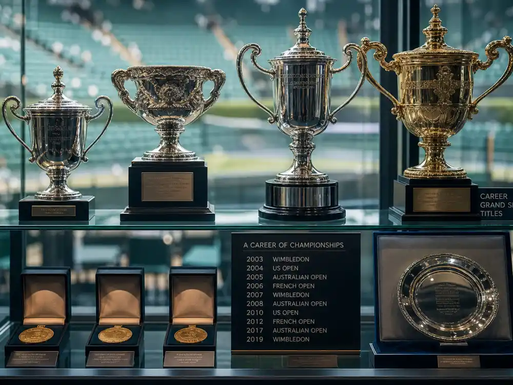 Grand Slam trophy display reflecting how old is Serena Williams at industry peak — 23 singles major titles and four Olympic gold medals across a three-decade career