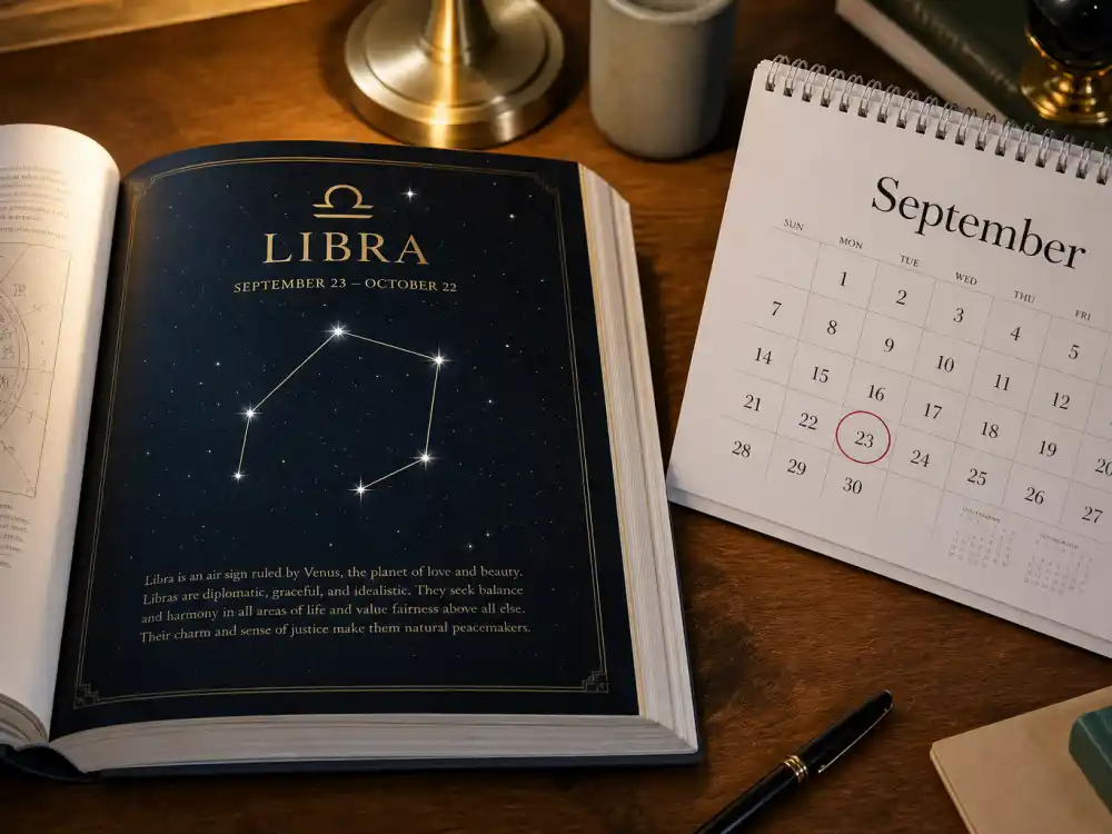 Libra zodiac chart beside September calendar for how old is Serena Williams — September 26 birth date places her under the Libra sign in Western astrology