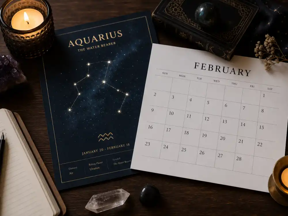 Aquarius zodiac chart beside February calendar for how old is Shakira — February 2 birth date places her under the Aquarius sign in Western astrology