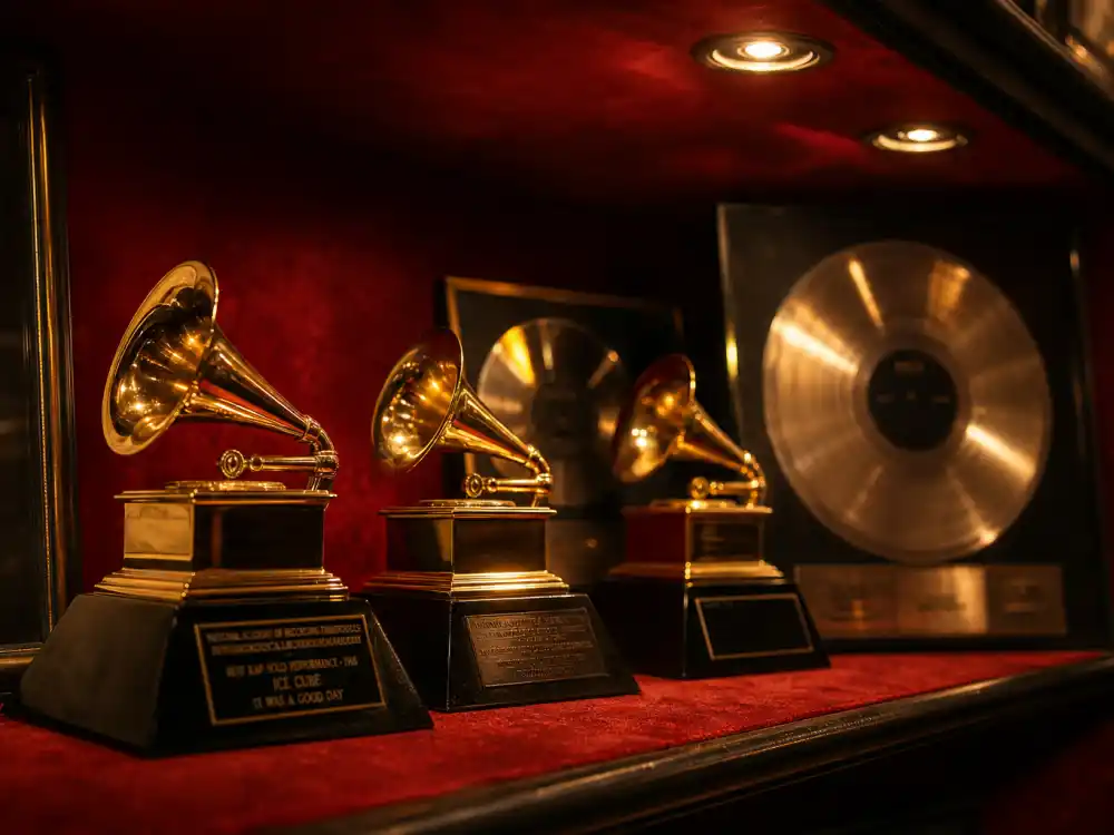 Music industry award trophy display reflecting how old is Shakira at her industry peak — Grammy wins, Latin Grammy dominance, and global chart records across five decades