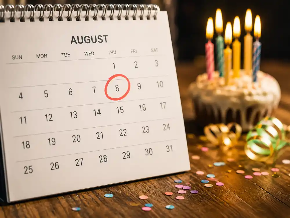 August 8 birthday calendar and candles marking how old is Shawn Mendes each year when fans celebrate his Leo birth date
