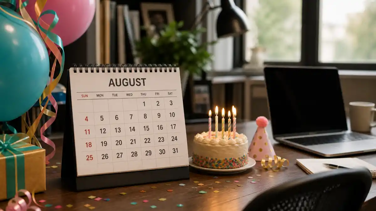 How old is Shawn Mendes — desk calendar open to August with birthday decorations marking his Leo birth date
