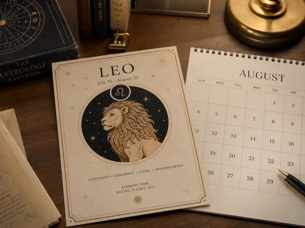Leo zodiac chart beside August calendar for how old is Shawn Mendes — August 8 birth date places him under the Leo sign in Western astrology