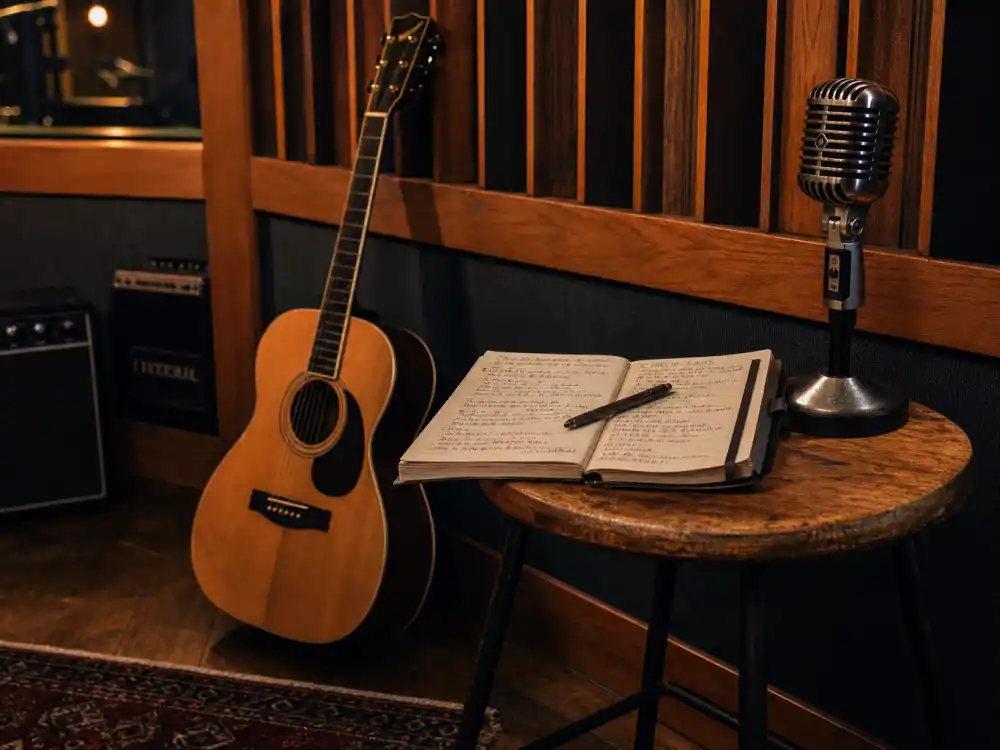 Songwriter studio setup with acoustic guitar reflecting how old is Shawn Mendes at industry peak — chart-topping albums and global tour milestones in his twenties