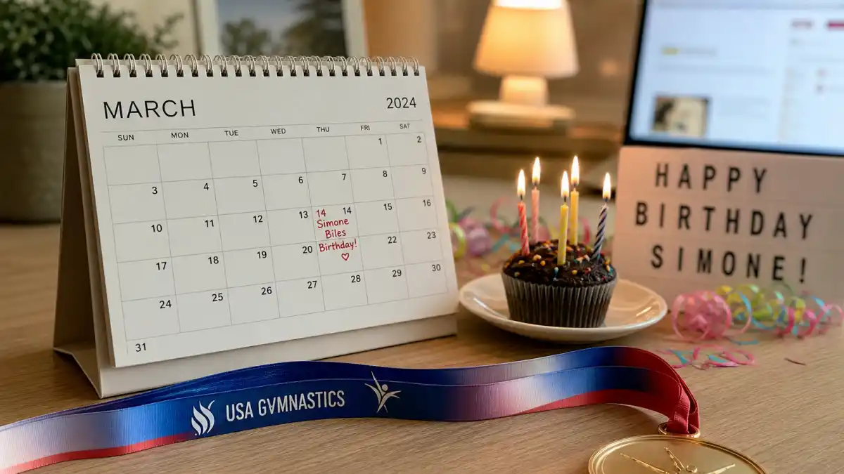 How old is Simone Biles — desk calendar open to March with birthday decorations and gymnastics medal marking her Pisces birth date
