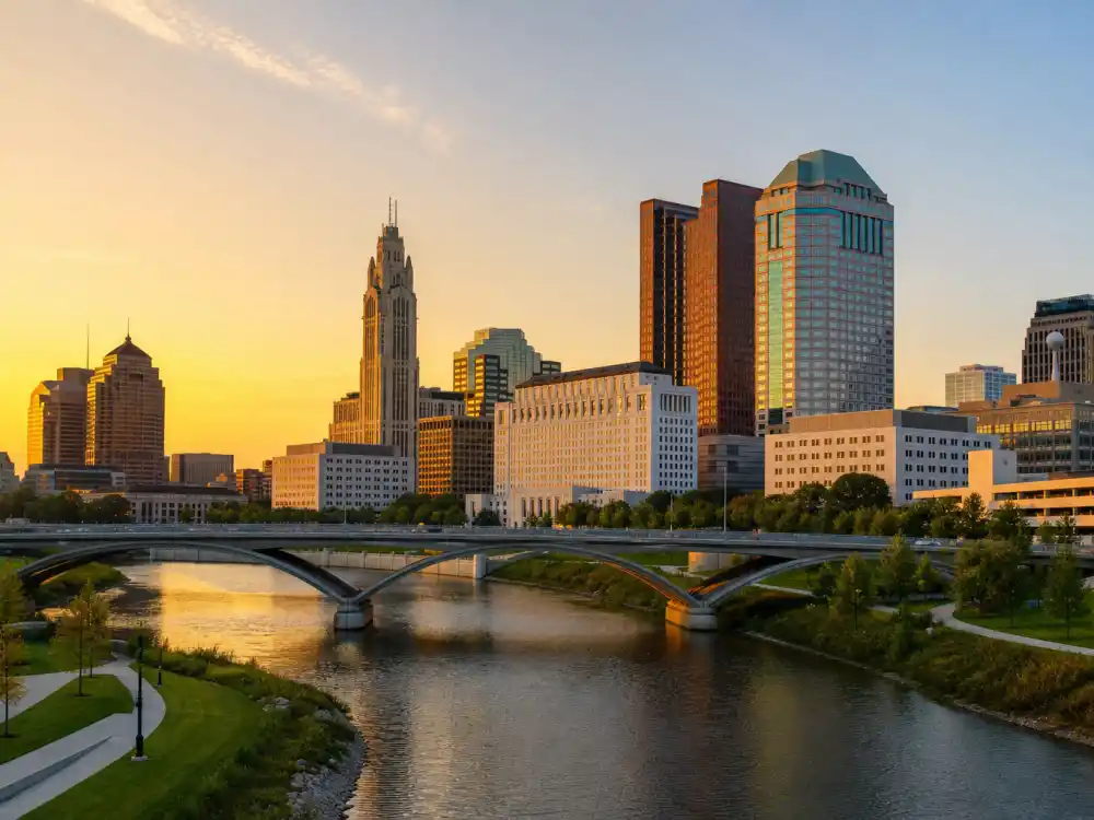 Columbus Ohio skyline evoking how old is Simone Biles birthplace — the city where Simone Arianne Biles was born on March 14, 1997