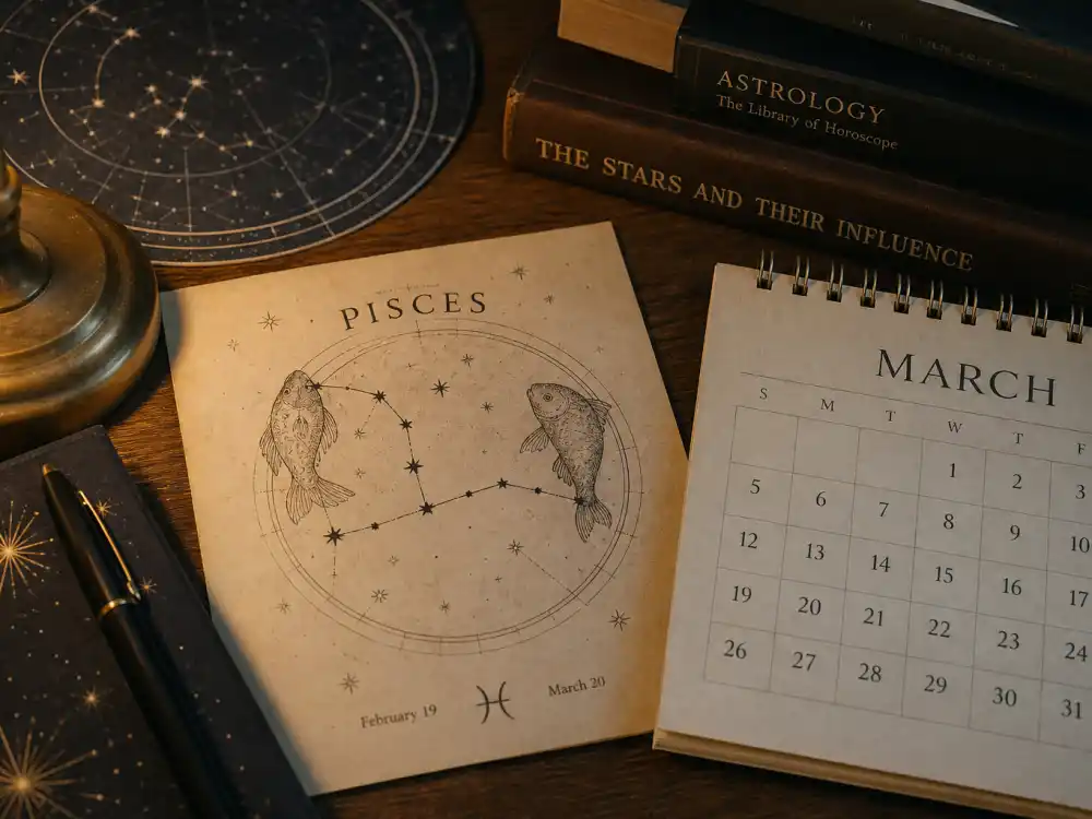 Pisces zodiac chart beside March calendar for how old is Simone Biles — March 14 birth date places her under the Pisces sign in Western astrology