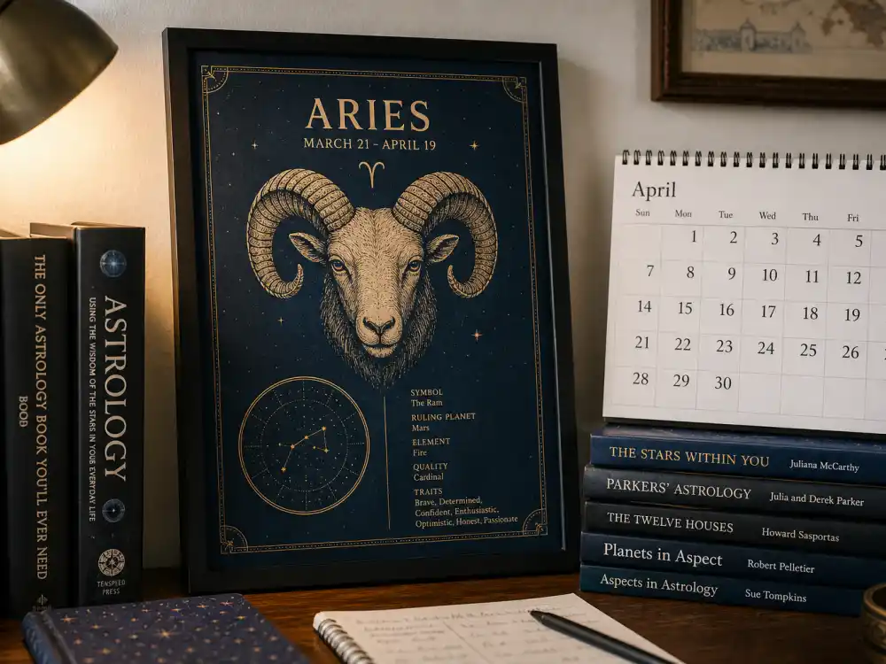 Aries zodiac chart beside April calendar for how old is Simu Liu — April 19 birth date places him under the Aries sign in Western astrology