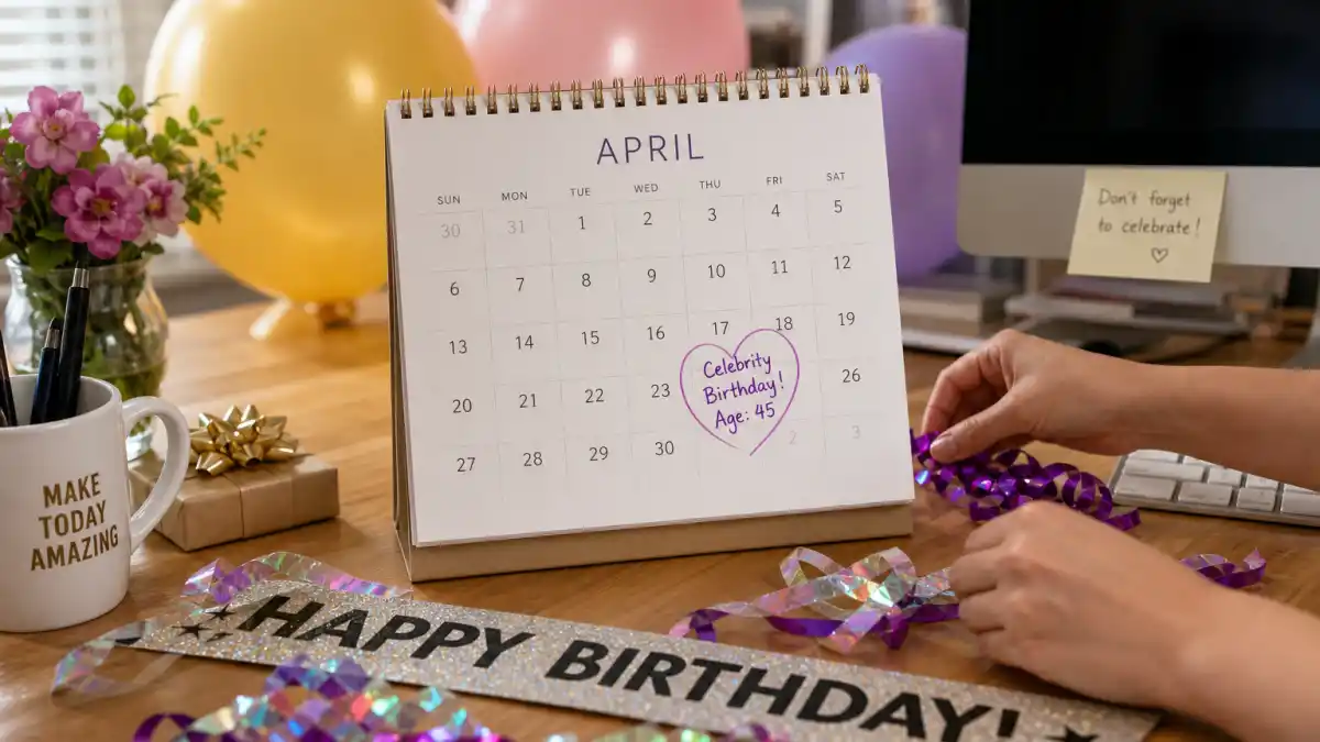 How old is Simu Liu — desk calendar open to April with birthday decorations marking his Aries birth date