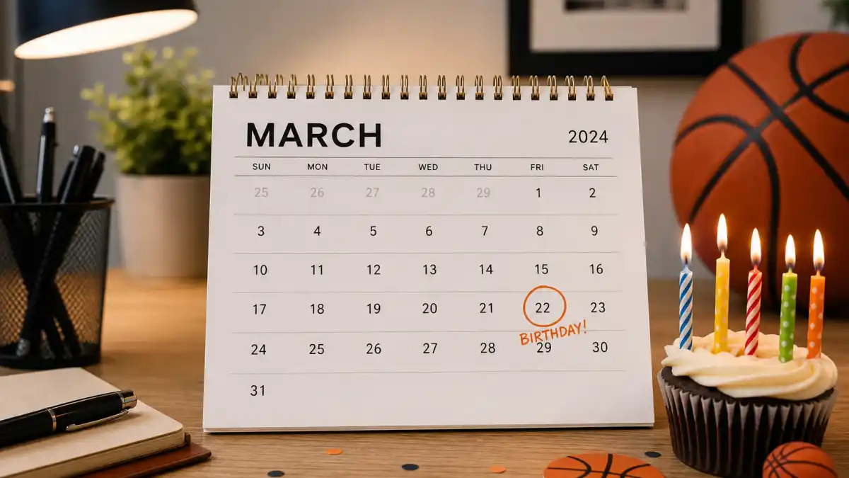 How old is Stephen Curry — desk calendar open to March with birthday decorations and basketball marking his Pisces birth date