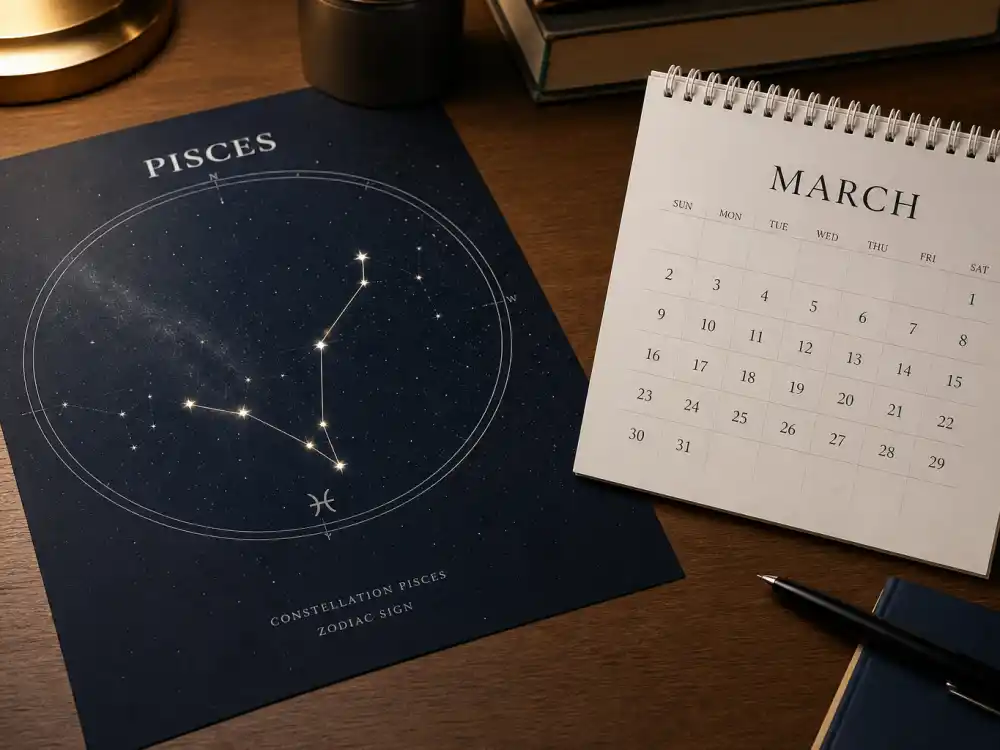 Pisces zodiac chart beside March calendar for how old is Stephen Curry — March 14 birth date places him under the Pisces sign in Western astrology