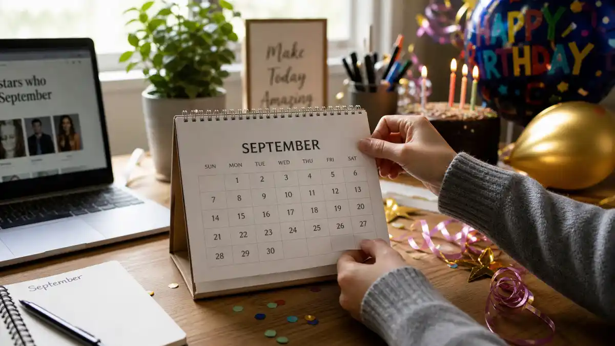 How old is Sydney Sweeney — desk calendar open to September with birthday decorations marking her Virgo birth date