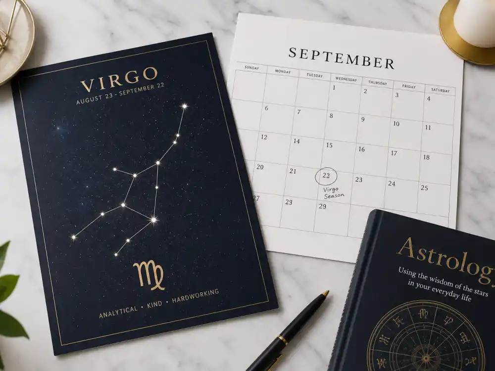Virgo zodiac chart beside September calendar for how old is Sydney Sweeney — September 12 birth date places her under the Virgo sign in Western astrology