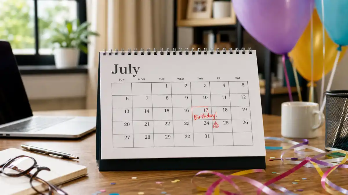 How old is Sylvester Stallone — desk calendar open to July with birthday decorations marking his Cancer birth date