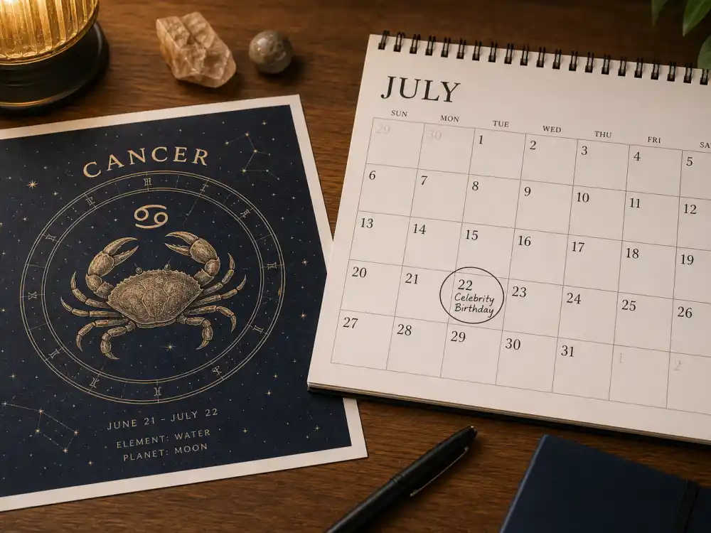 Cancer zodiac chart beside July calendar for how old is Sylvester Stallone — July 6 birth date places him under the Cancer sign in Western astrology