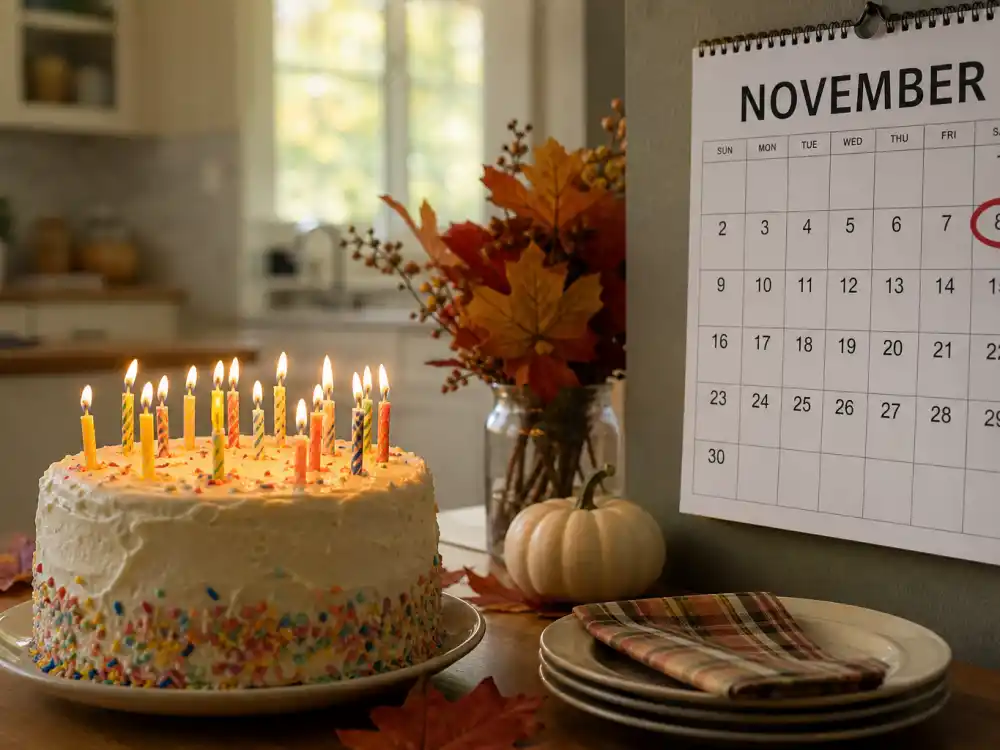 November 8 birthday calendar and candles marking how old is SZA each year when fans celebrate her Scorpio birth date