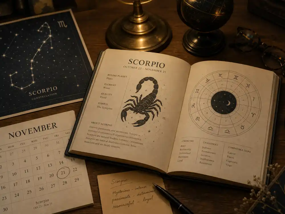 Scorpio zodiac chart beside November calendar for how old is SZA — November 8 birth date places her under the Scorpio sign in Western astrology