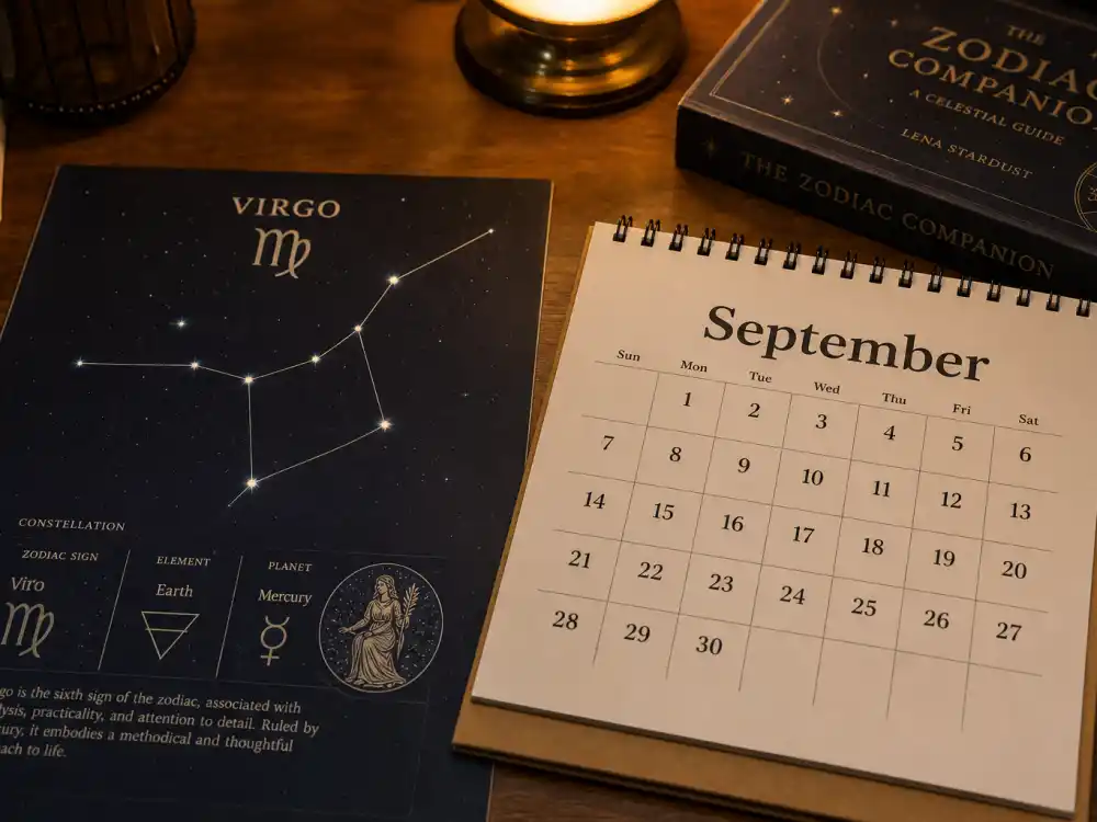 Virgo zodiac chart beside September calendar for how old is Taraji P Henson — September 11 birth date places her under the Virgo sign in Western astrology