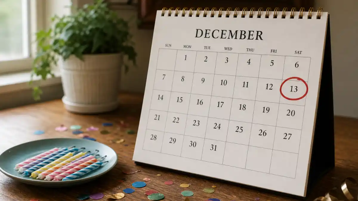 How old is Taylor Swift — desk calendar open to December 13 with birthday candles marking her Sagittarius birth date