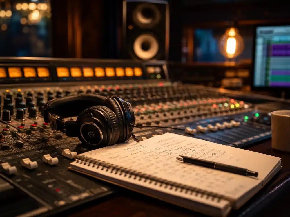 Music studio setup evoking how old is Taylor Swift career arc from teenage Nashville songwriter to global stadium headliner