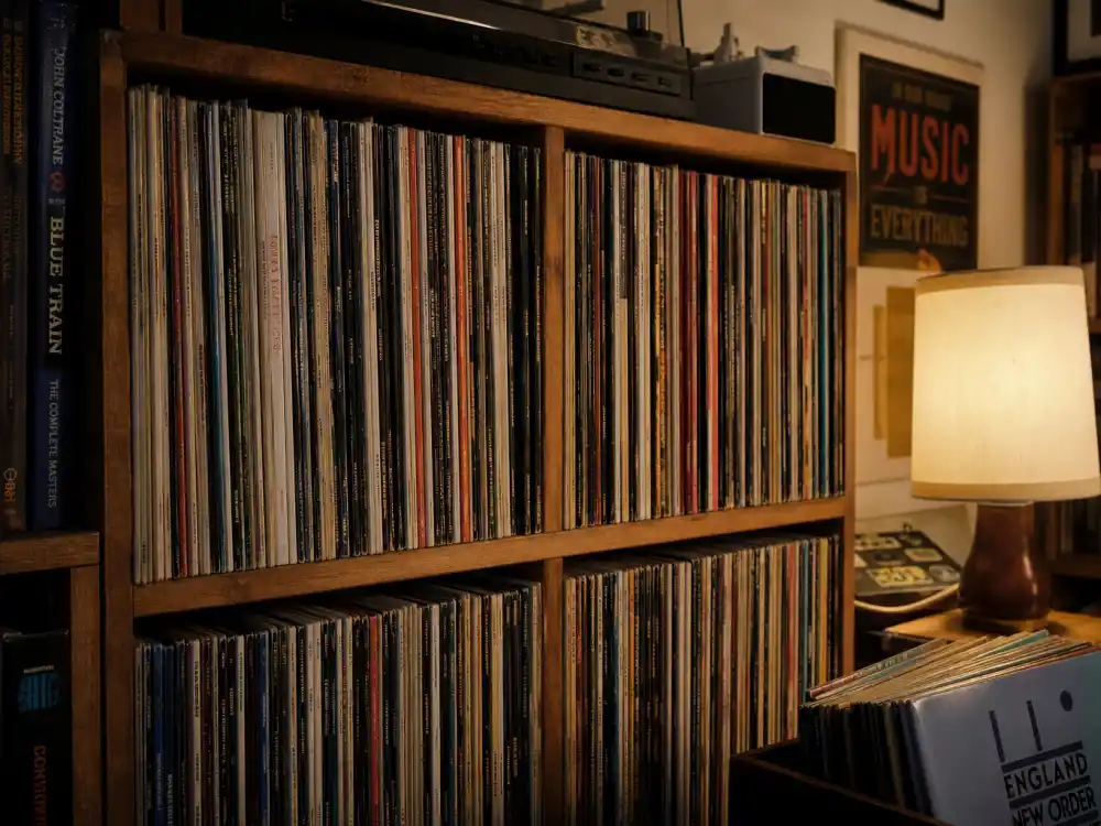 Vinyl records on a collector shelf reflecting Taylor Swift age milestones across more than a decade of album releases