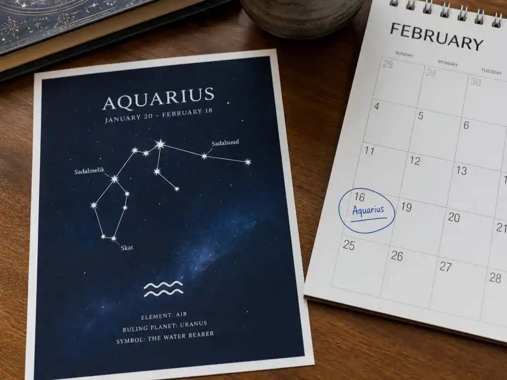 Aquarius zodiac chart beside February calendar for how old is The Weeknd — February 16 birth date places him under the Aquarius sign in Western astrology