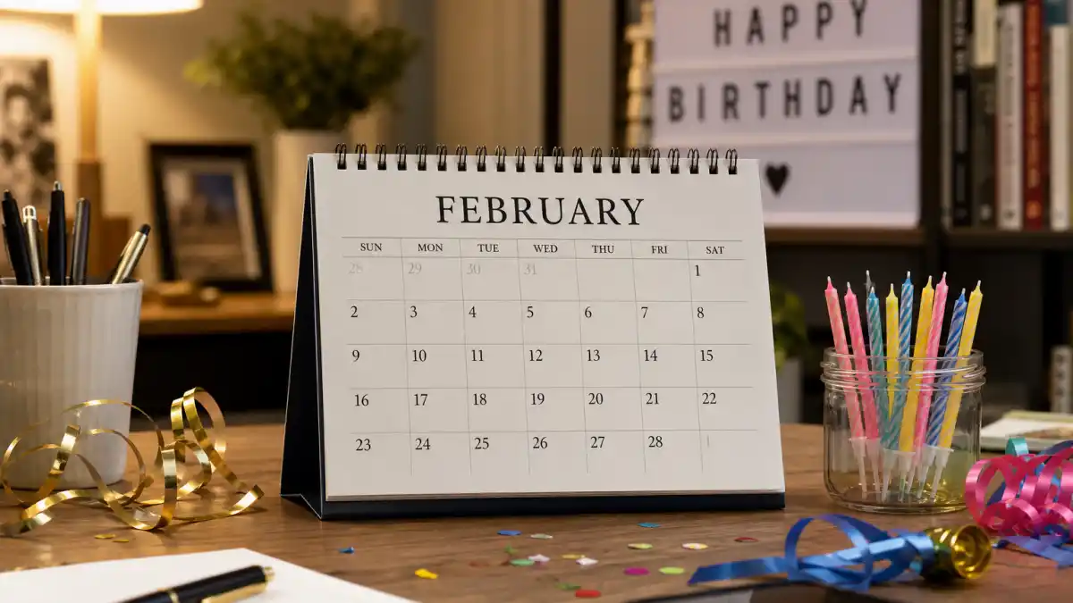 How old is The Weeknd — desk calendar open to February with birthday decorations marking his Aquarius birth date