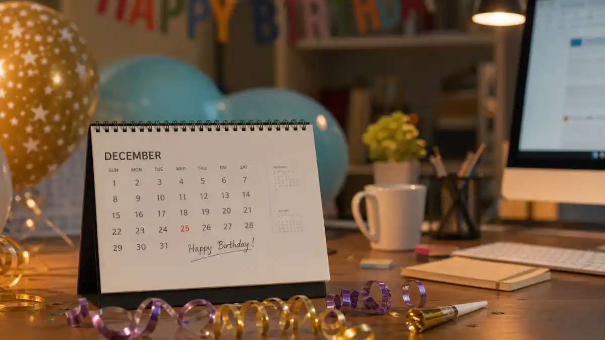 How old is Timothee Chalamet — desk calendar open to December with birthday decorations marking his Capricorn birth date