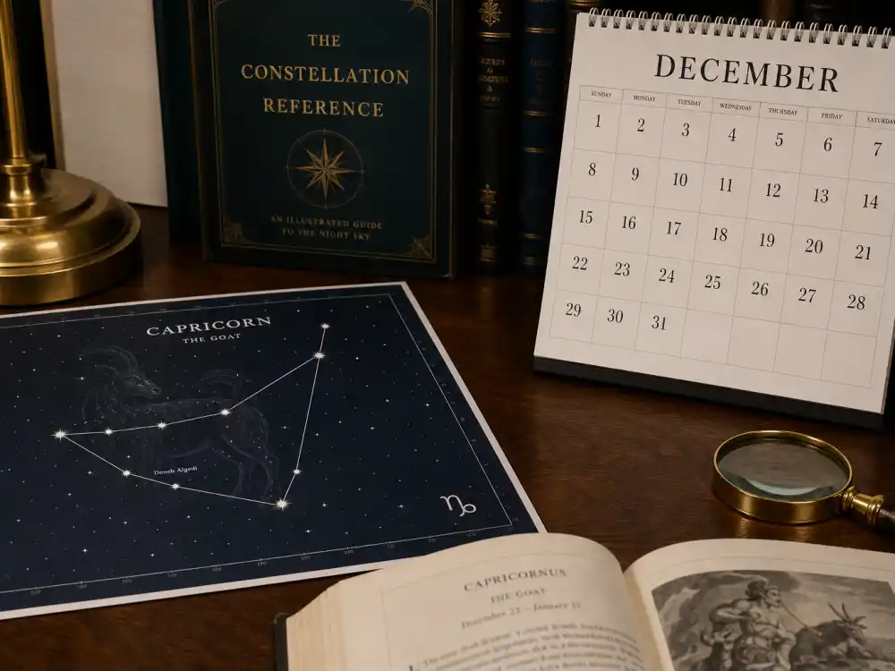 Capricorn zodiac chart beside December calendar for how old is Timothee Chalamet — December 27 birth date places him under the Capricorn sign in Western astrology