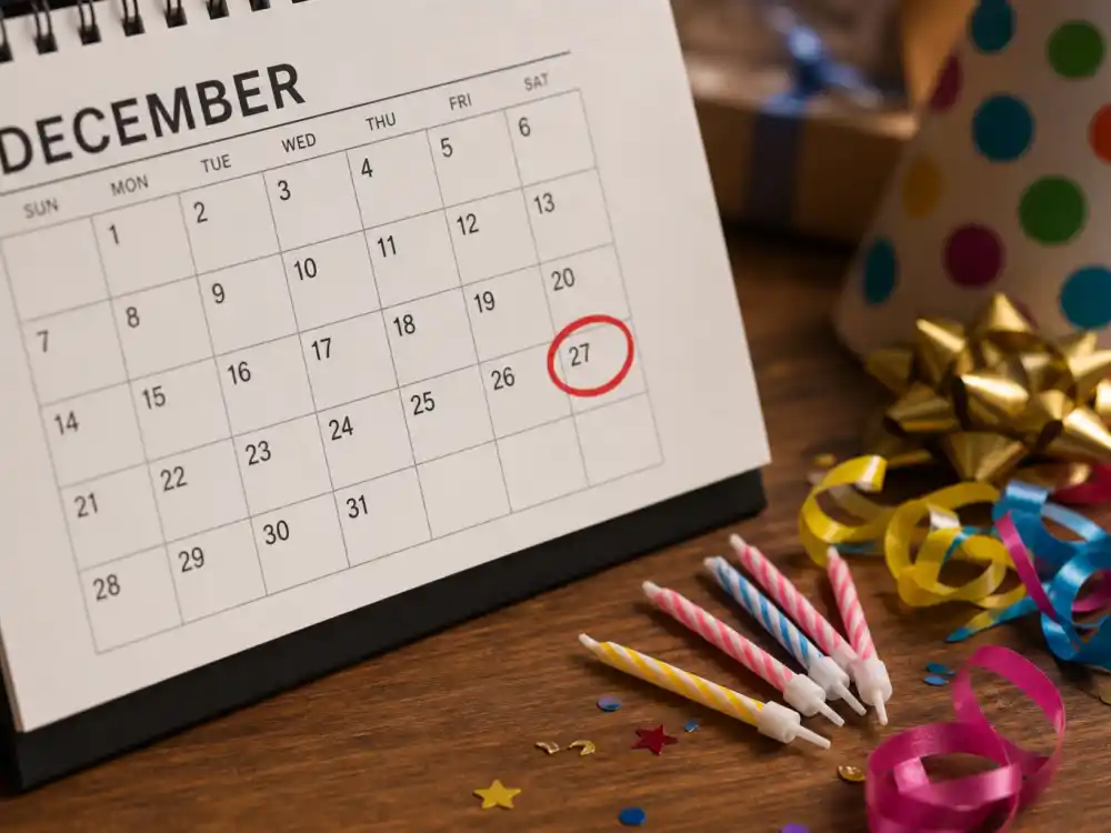 December 27 birthday calendar and candles marking how old is Timothee Chalamet each year when fans celebrate his Capricorn birth date