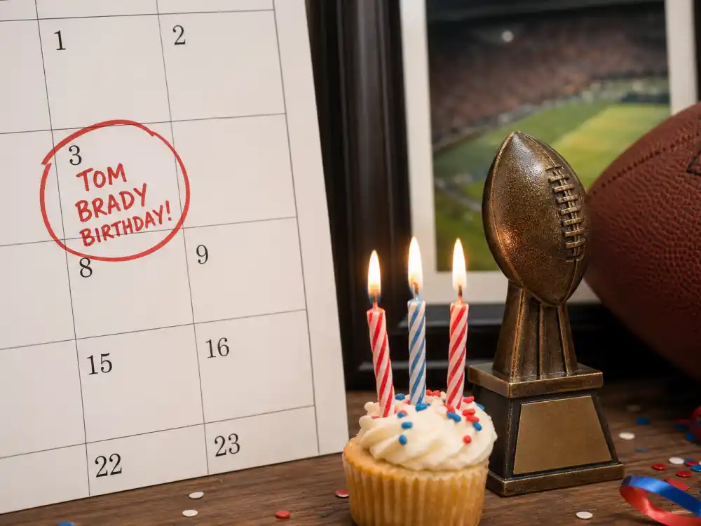 August 3 birthday calendar and candles marking how old is Tom Brady each year when fans celebrate his Leo birth date