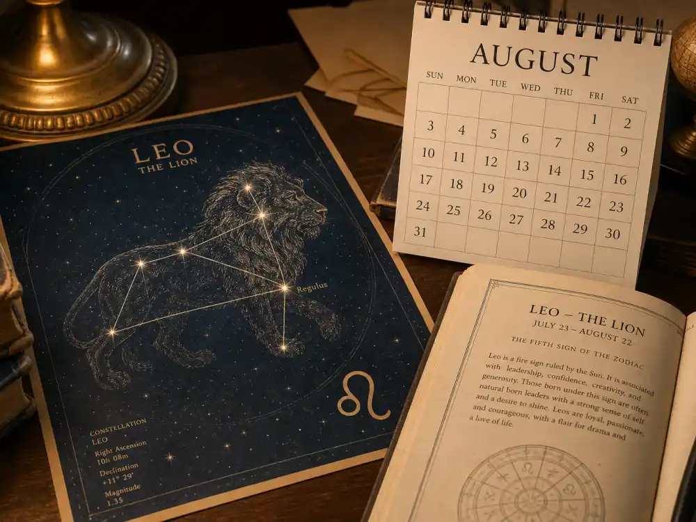 Leo zodiac chart beside August calendar for how old is Tom Brady — August 3 birth date places him under the Leo sign in Western astrology