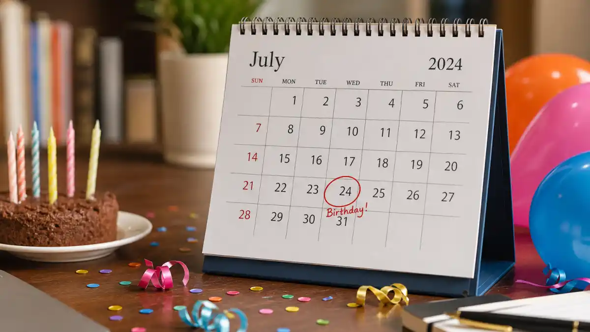 How old is Tom Hanks — desk calendar open to July with birthday decorations marking his Cancer birth date