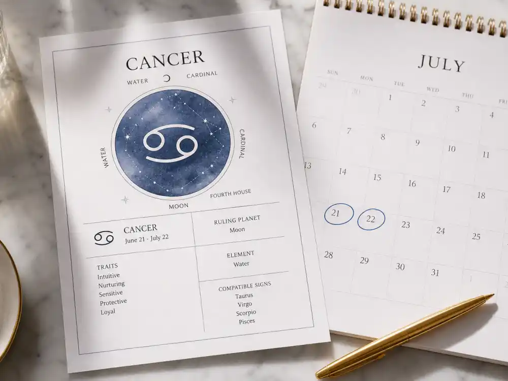 Cancer zodiac chart beside July calendar for how old is Tom Hanks — July 9 birth date places him under the Cancer sign in Western astrology