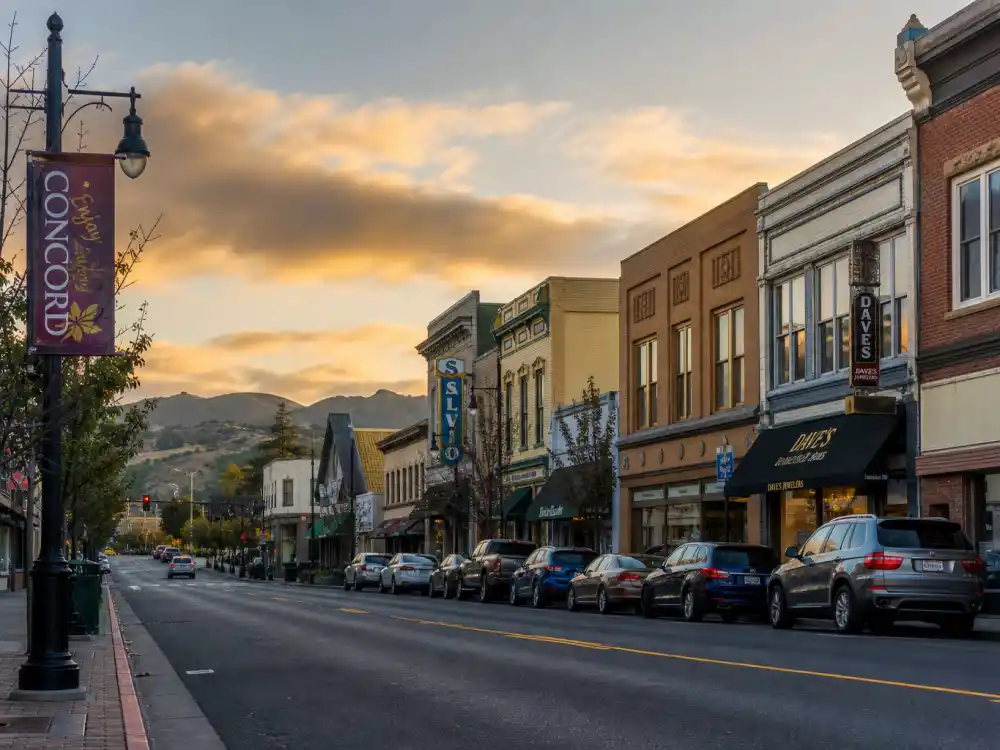 Concord California suburban streetscape evoking how old is Tom Hanks birthplace — the city where Thomas Jeffrey Hanks was born on July 9, 1956