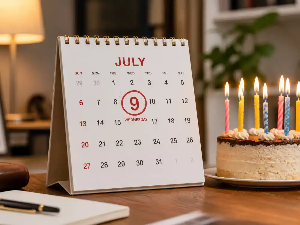 July 9 birthday calendar and candles marking how old is Tom Hanks each year when fans celebrate his Cancer birth date