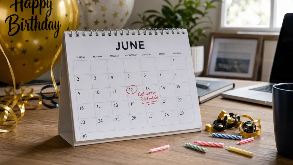 How old is Tom Holland — desk calendar open to June with birthday decorations marking his Gemini birth date