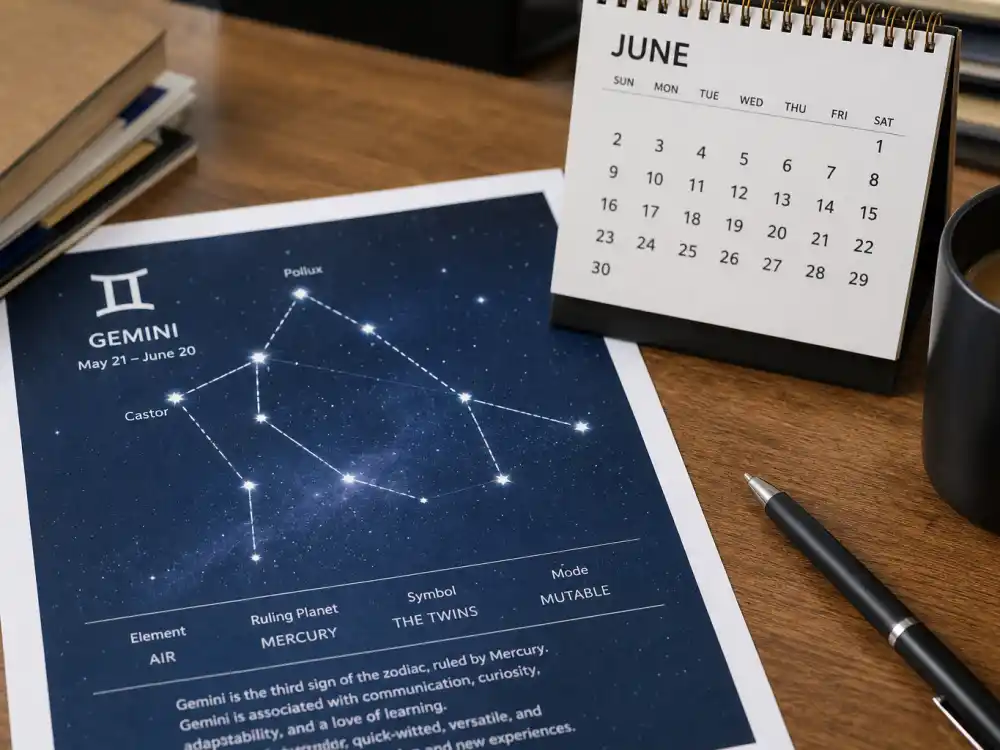 Gemini zodiac chart beside June calendar for how old is Tom Holland — June 1 birth date places him under the Gemini sign in Western astrology