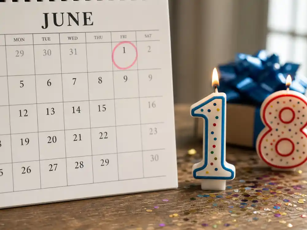 June 1 birthday calendar and candles marking how old is Tom Holland each year when fans celebrate his Gemini birth date