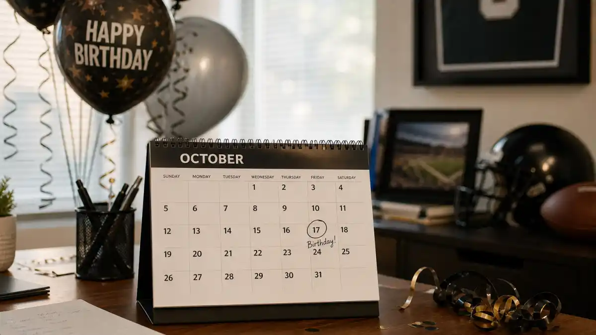 How old is Travis Kelce — desk calendar open to October with birthday decorations and football helmet marking his Libra birth date
