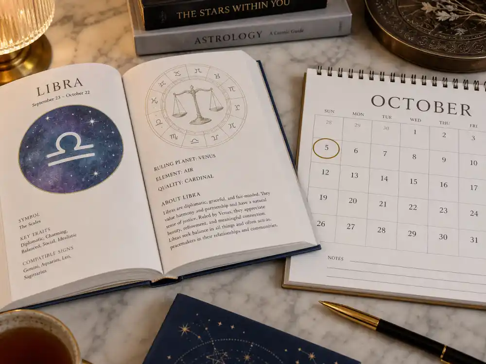 Libra zodiac chart beside October calendar for how old is Travis Kelce — October 5 birth date places him under the Libra sign in Western astrology
