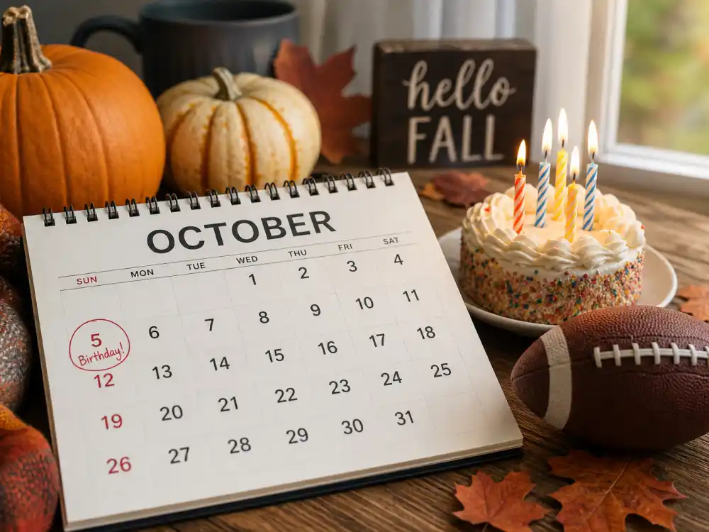 October 5 birthday calendar and candles marking how old is Travis Kelce each year when fans celebrate his Libra birth date