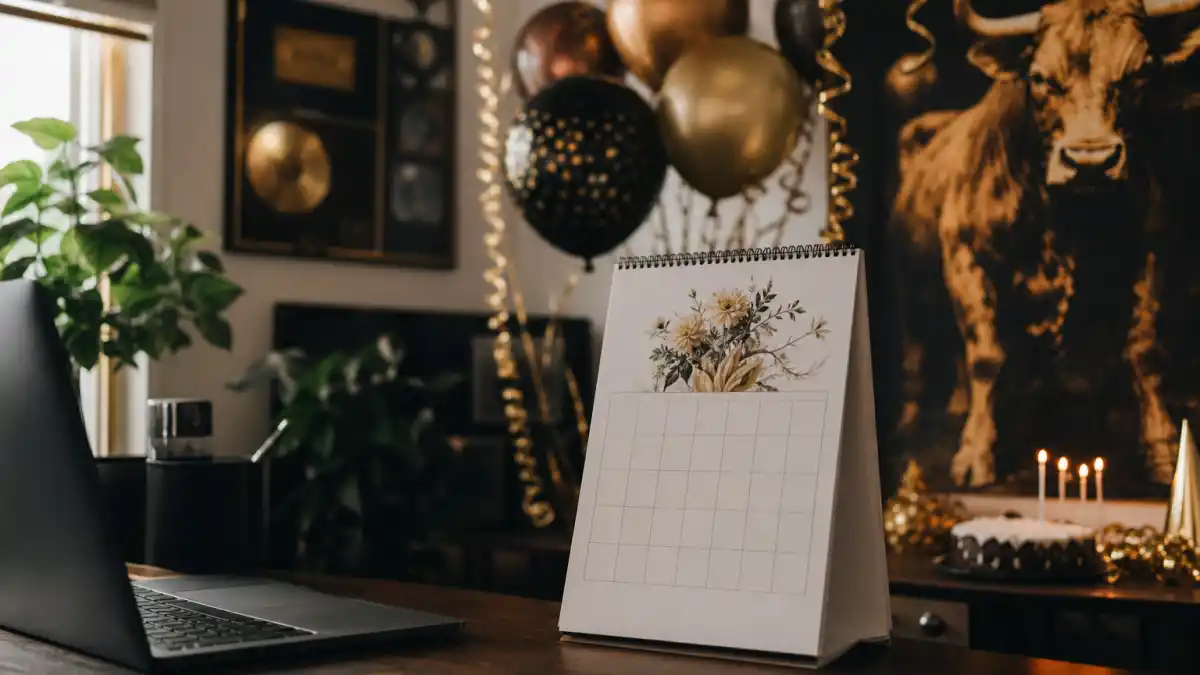 How old is Travis Scott — desk calendar open to April with birthday decorations marking his Taurus birth date