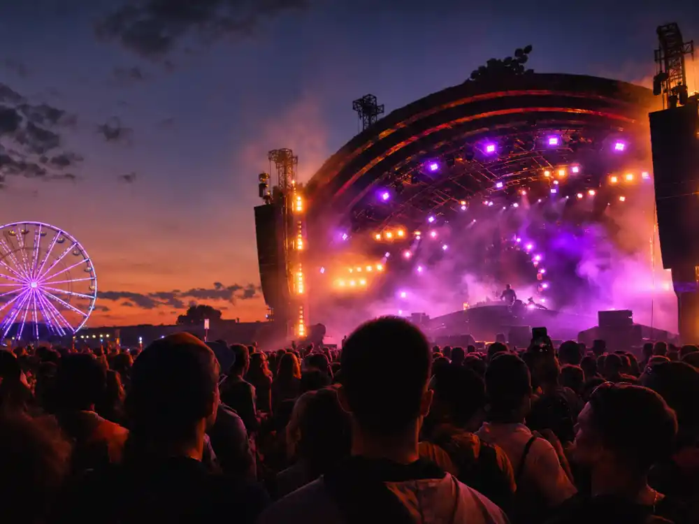 Outdoor festival stage with dramatic lighting evoking how old is Travis Scott at ASTROWORLD-era arena dominance and massive live-show milestones