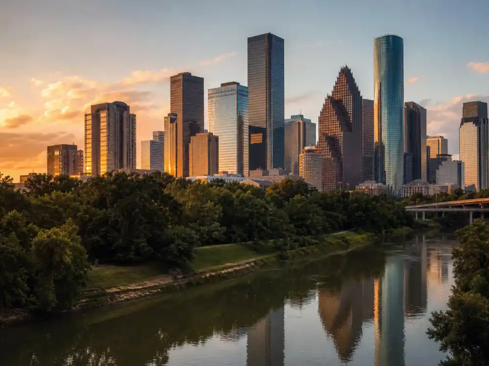 Houston skyline at golden hour evoking how old is Travis Scott birthplace — the Texas city where Jacques Bermon Webster II was born on April 30, 1992